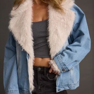 Light Blue Denim Jacket with White Faux Fur Trim (removable)